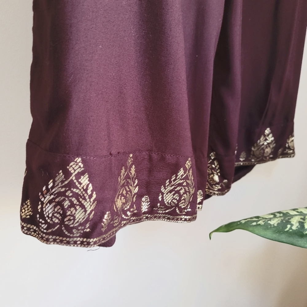 Gold India Motif Wide Leg Rayon Woman's Eggplant Purple Pants Sz S